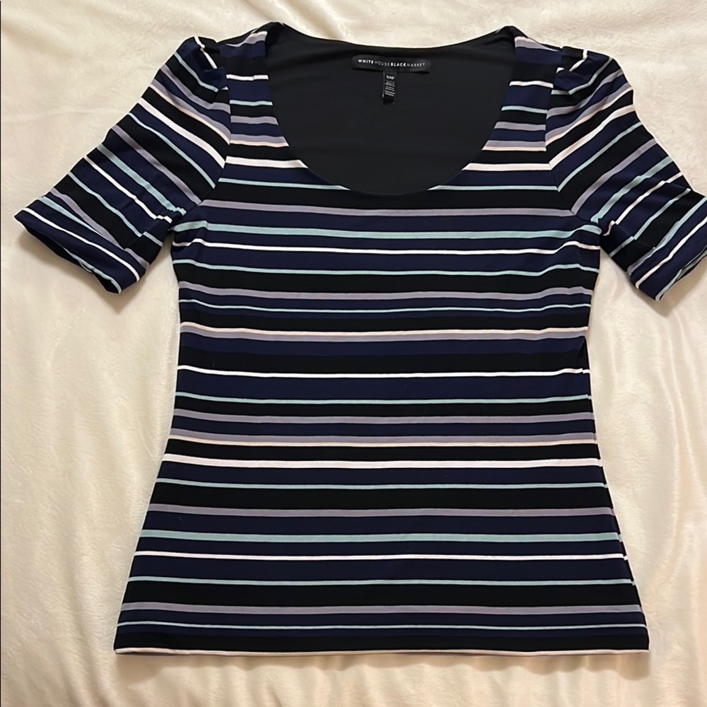 White House Black Market Blue and White Fitted Blouse